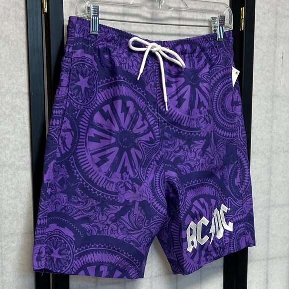 AC DC Tie Front Pockets Swim Trunk Board Shorts 18” Purple Abstract NWT - Picture 4 of 12